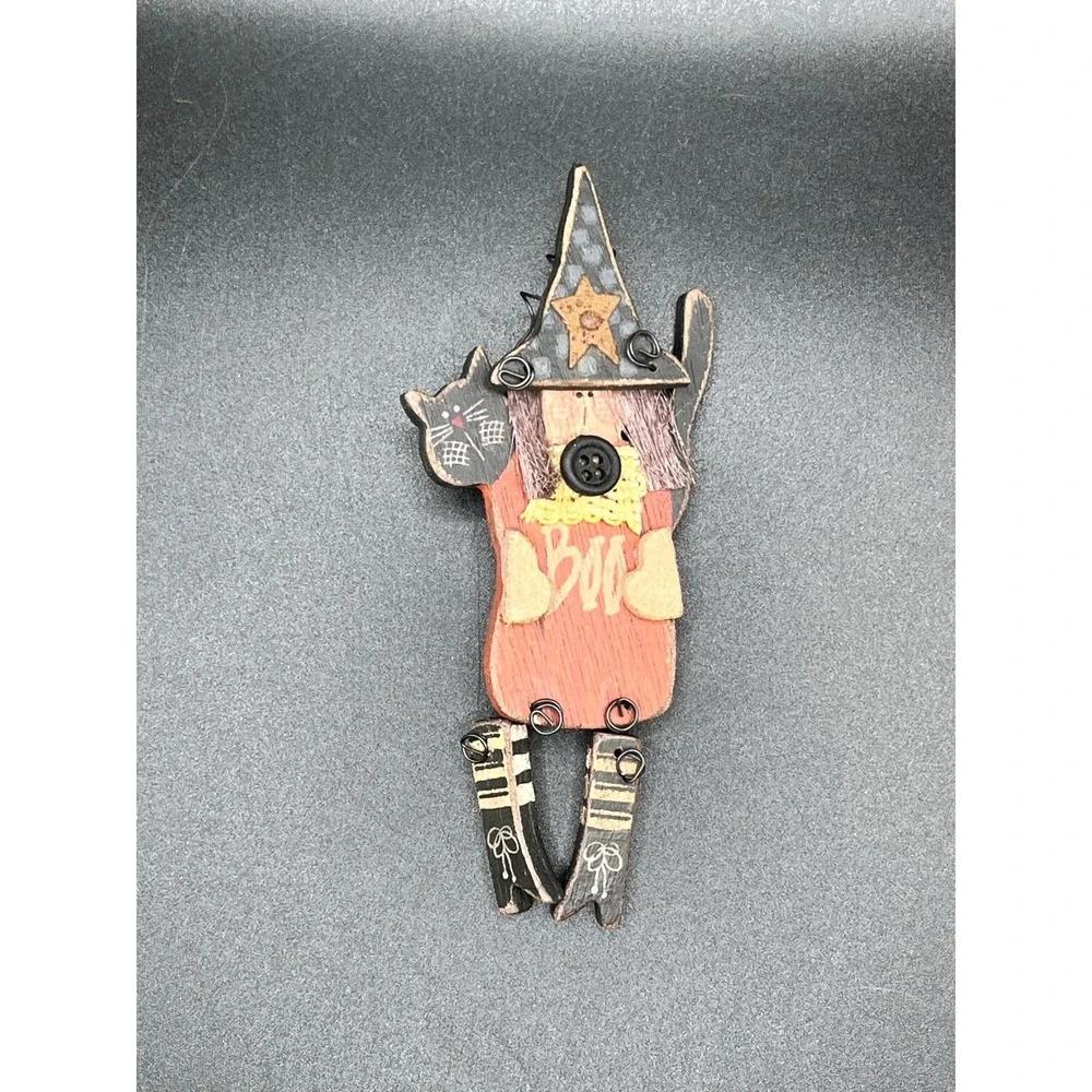 Wooden Witch Cat Halloween Brooch Pin Festive‎ Spooky Boo Witchcore Folk Art Vtg